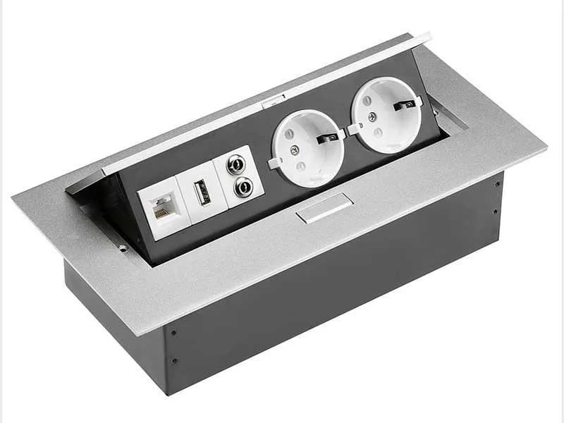 Розетка меблева врізна прямокутна GTV, 2 × Schuko + USB + Ethernet, алюміній