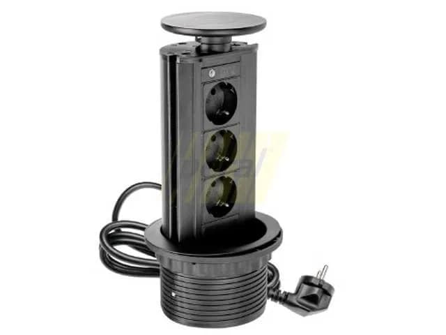 Розетка меблева висувна GTV, 3 × Schuko, чорна